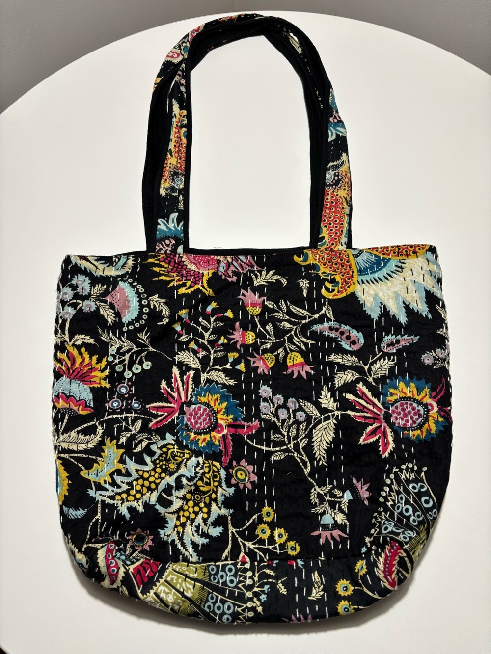 Paisley Pattern Black & Multi Colored Cotton Kantha Stitch Zipper Tote Bag